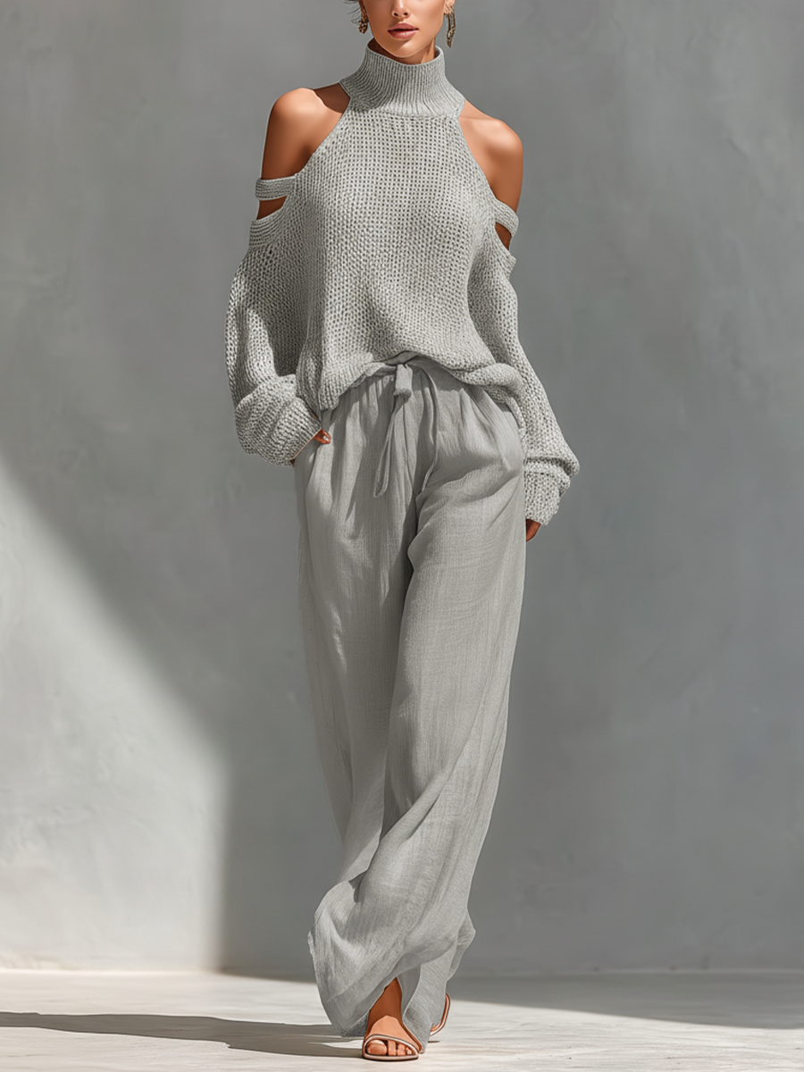 Beige cotton high-neck cold-shoulder top and wide-leg trousers set