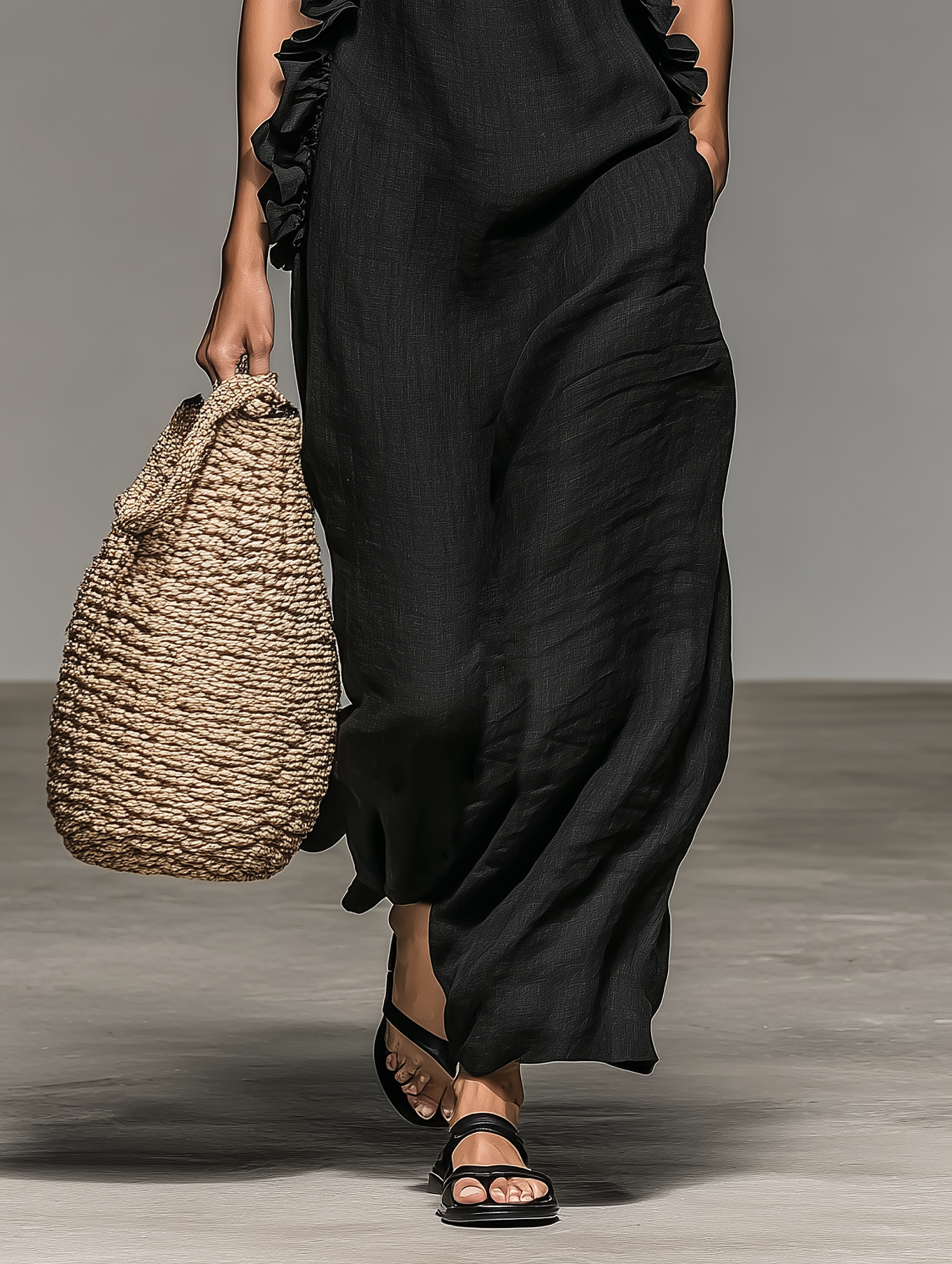 Minimalist sleeveless maxi linen dresses with ruffle details