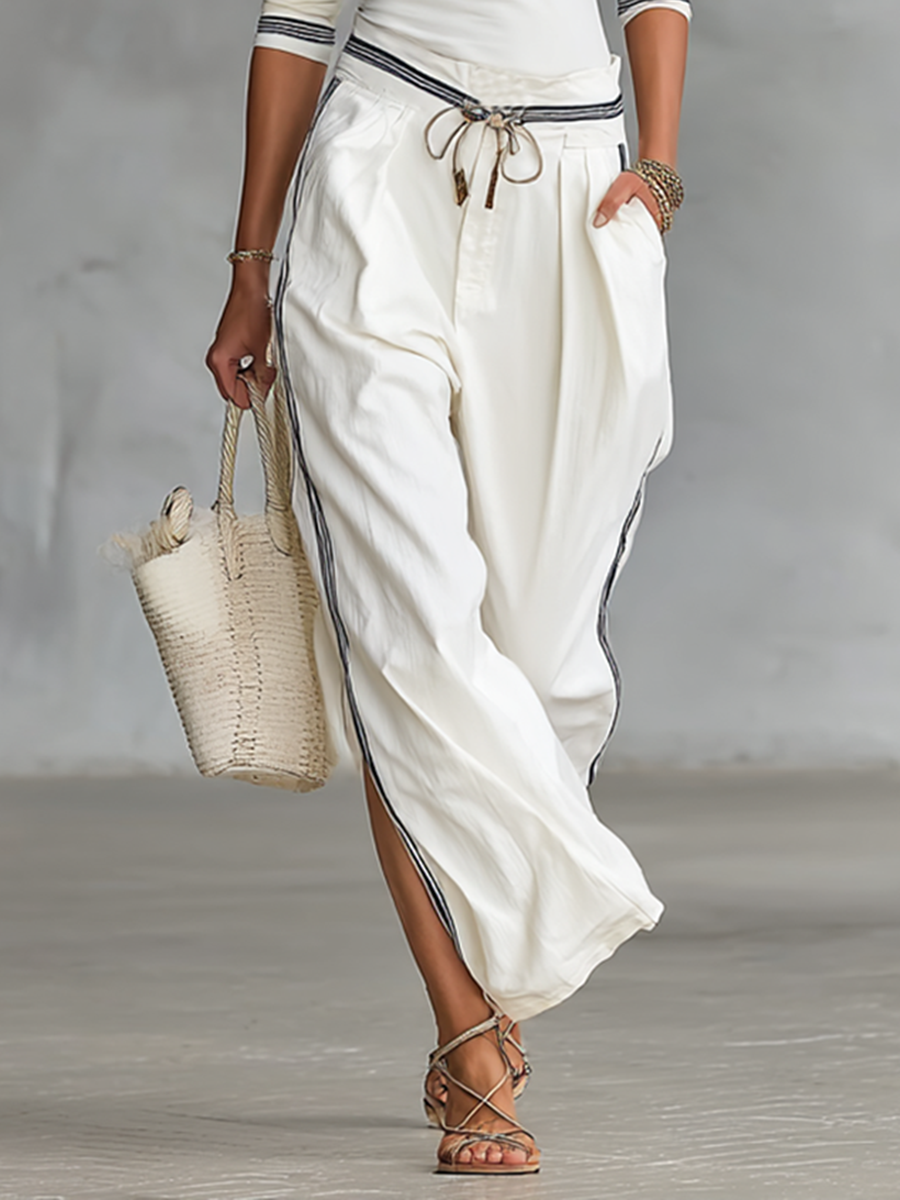Long-sleeved mock neck top and wide-leg drawstring pants - Two-piece set