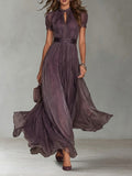 Flavia - Purple long dress with a teardrop cut-out and silk lace trim