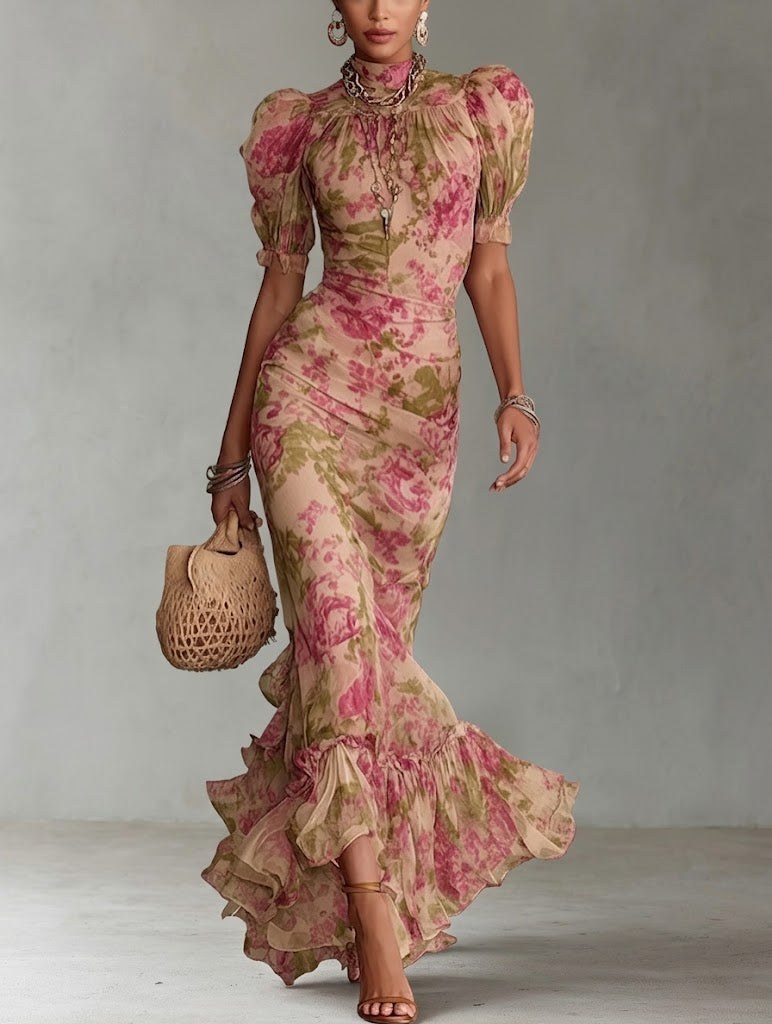 Fiora - maxi dress with vintage rose print and puff sleeves