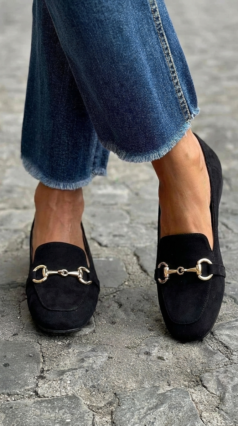 Black ballet flats with gold buckle
