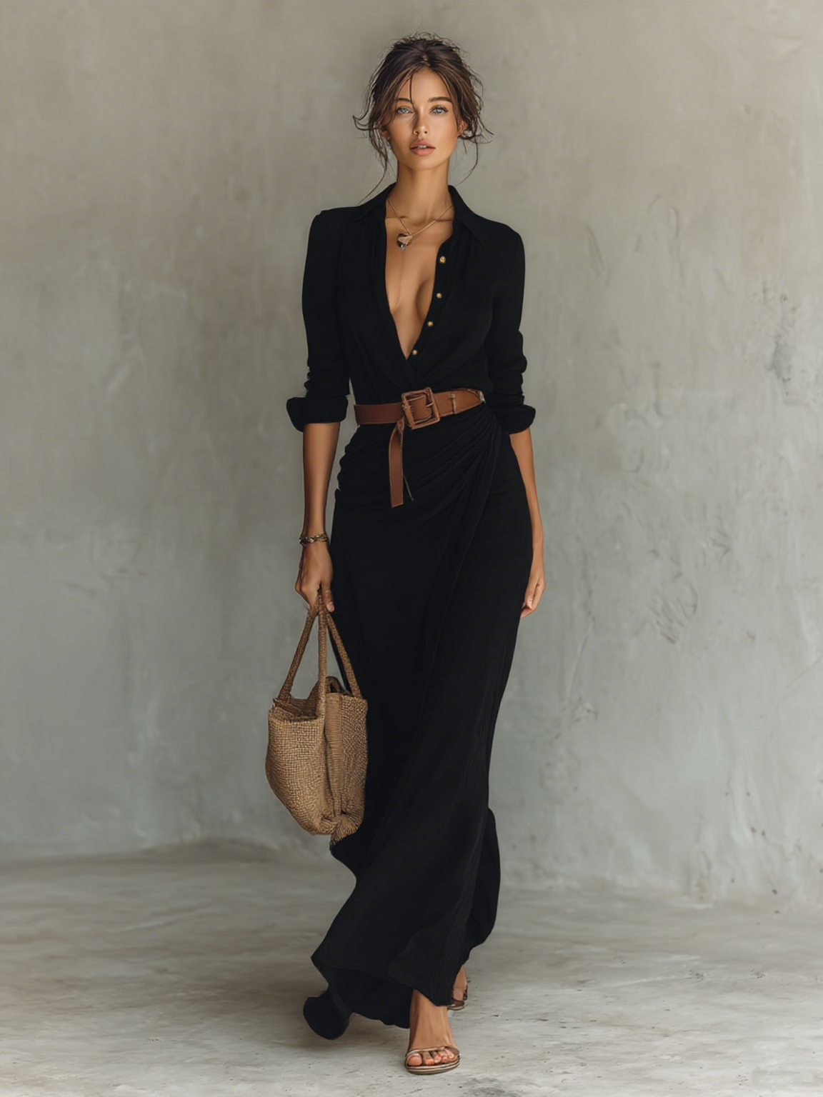 Women's maxi dresses with a collar, long sleeves, and a seam closure