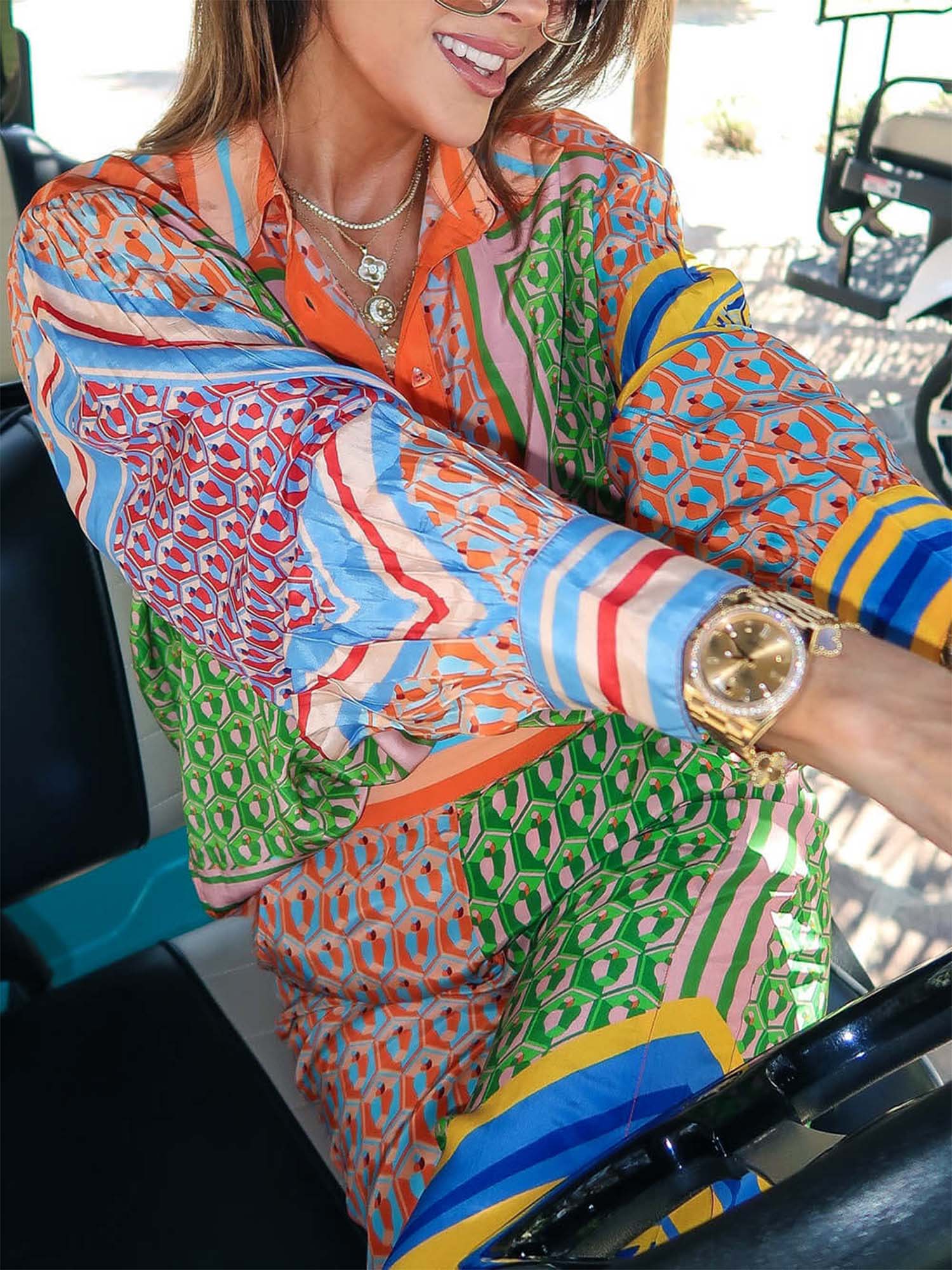Oversized printed button-down shirt with colorful details