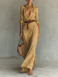 Women's maxi dresses with a collar, long sleeves, and a seam closure