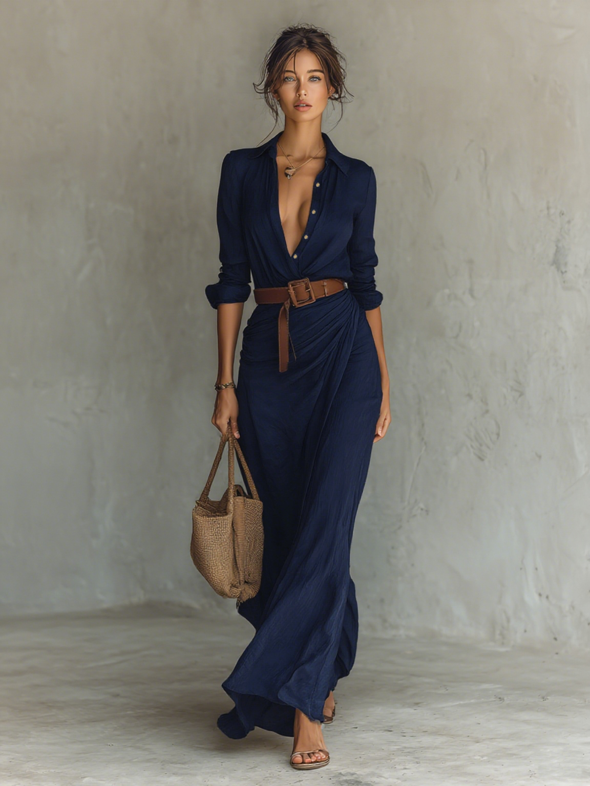 Women's maxi dresses with a collar, long sleeves, and a seam closure