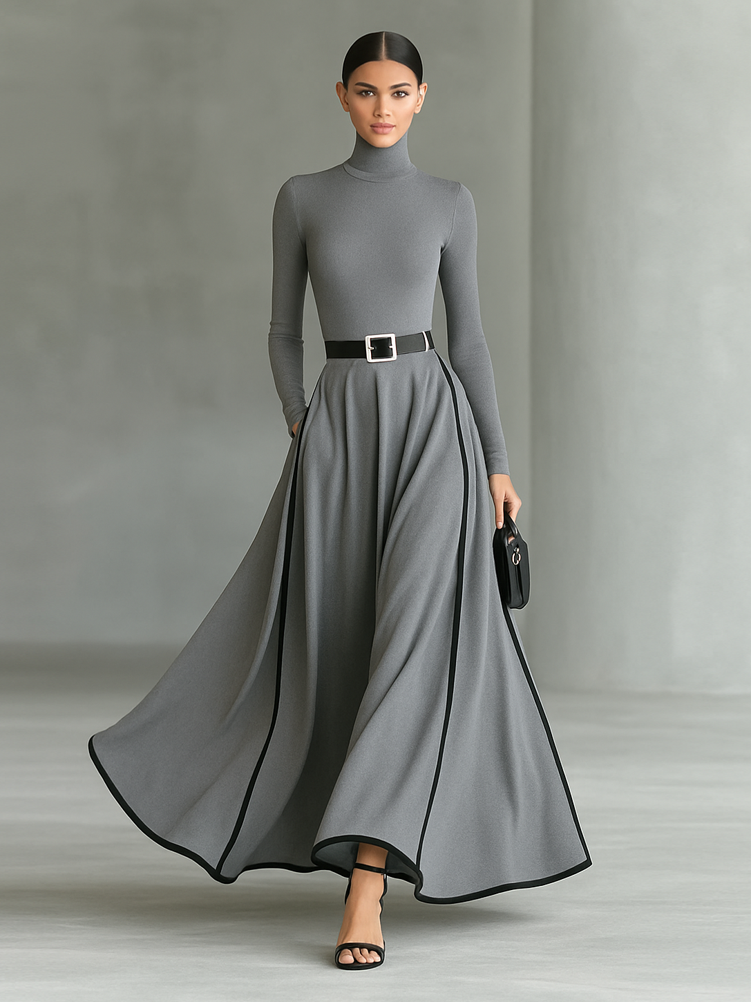 Black maxi dress with white stitching, a high collar, long sleeves, and a narrow waist
