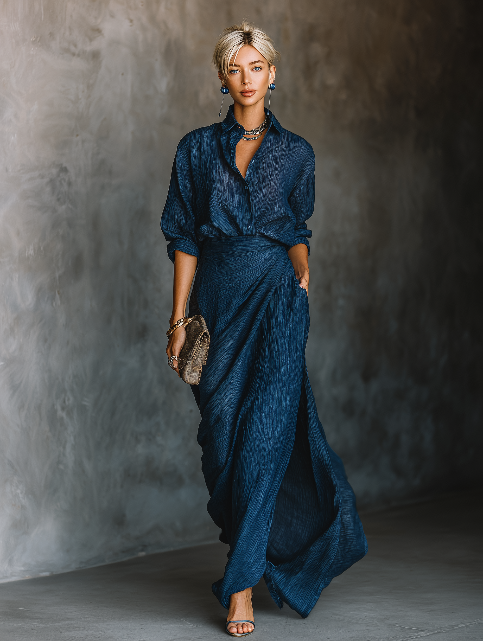 Dark blue long skirt and elegant top set in cotton and linen
