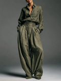 Women's cotton and linen two-piece set with a long shirt and wide-leg pants