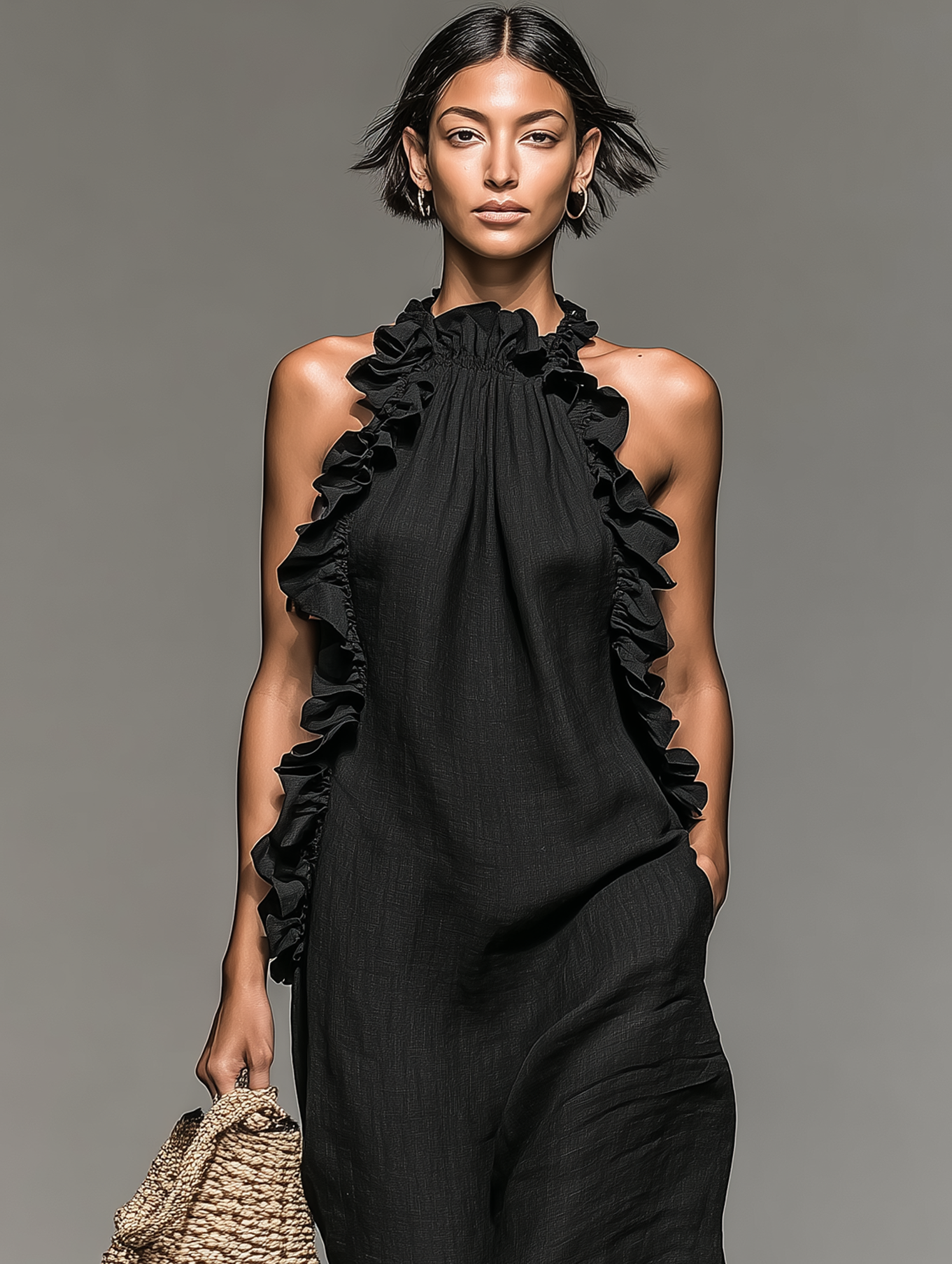 Minimalist sleeveless maxi linen dresses with ruffle details