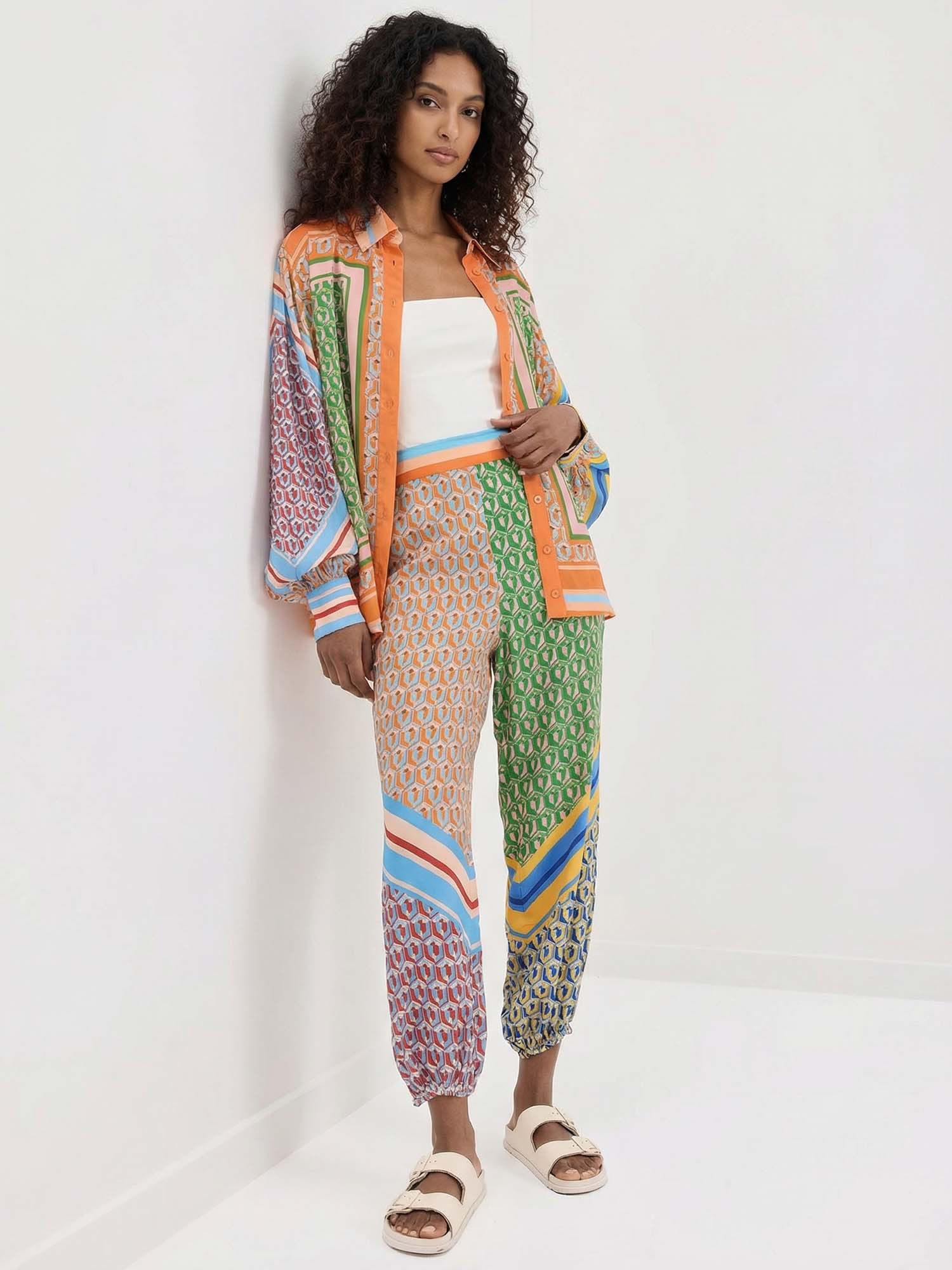 Oversized printed button-down shirt with colorful details
