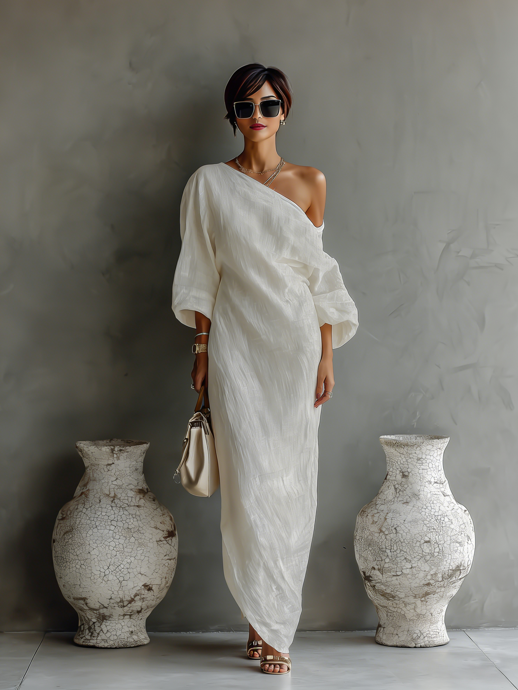 Women's Bright White One-Shoulder Cotton-Linen Blend Dresses