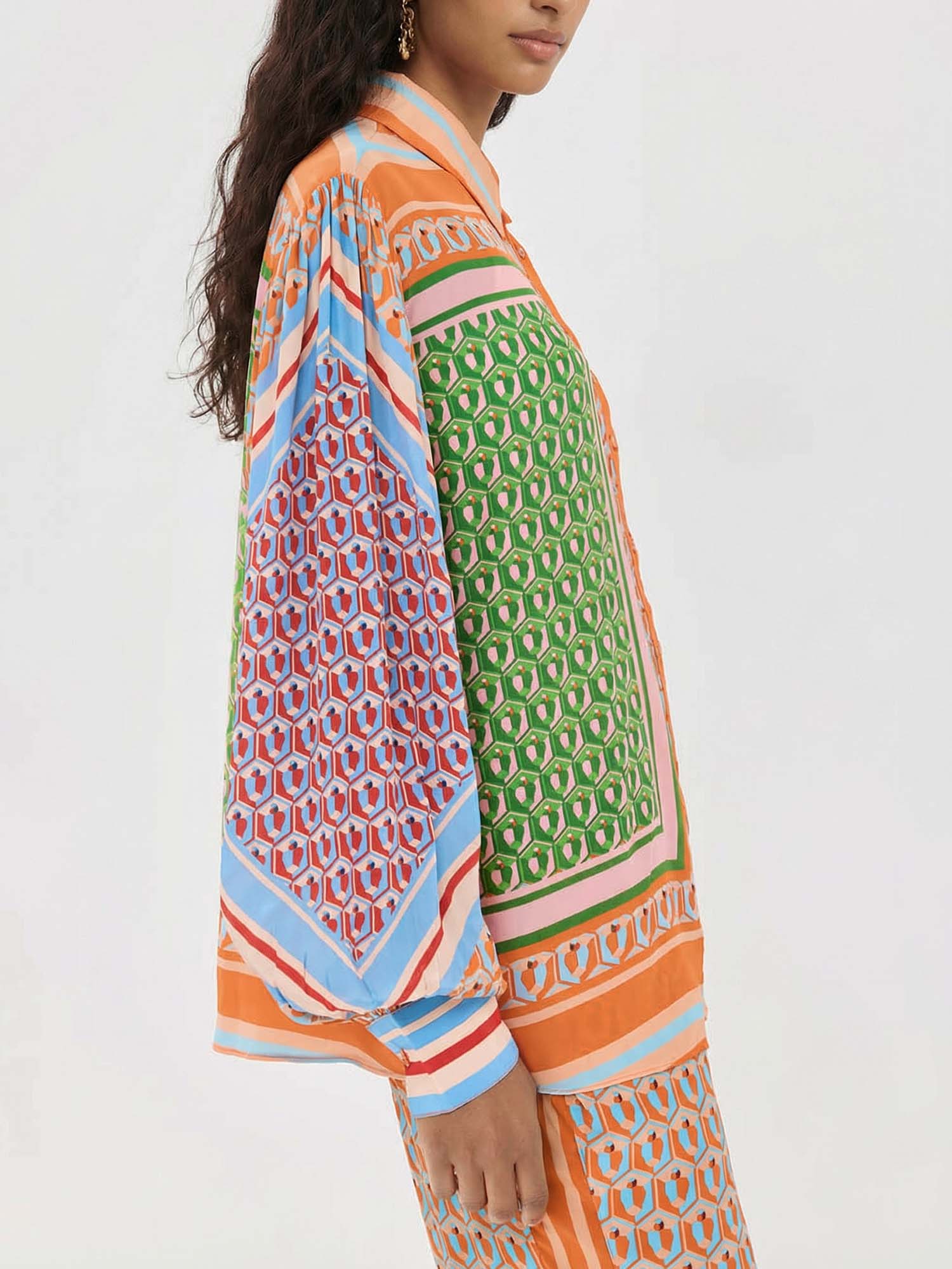 Oversized printed button-down shirt with colorful details