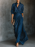 Dark blue long skirt and elegant top set in cotton and linen