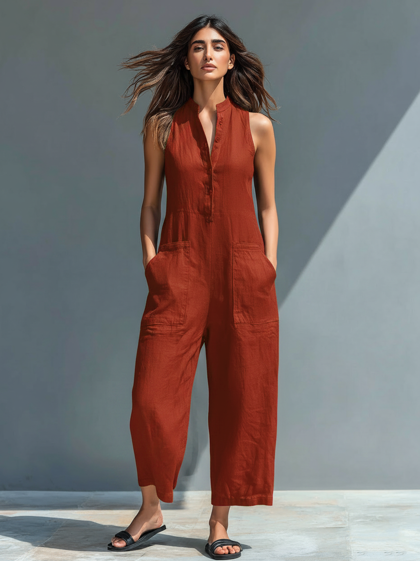 Women's minimalist linen jacket with buttons, stand-up collar, sleeveless, wide cut