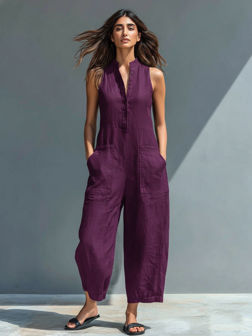 Women's minimalist linen jacket with buttons, stand-up collar, sleeveless, wide cut