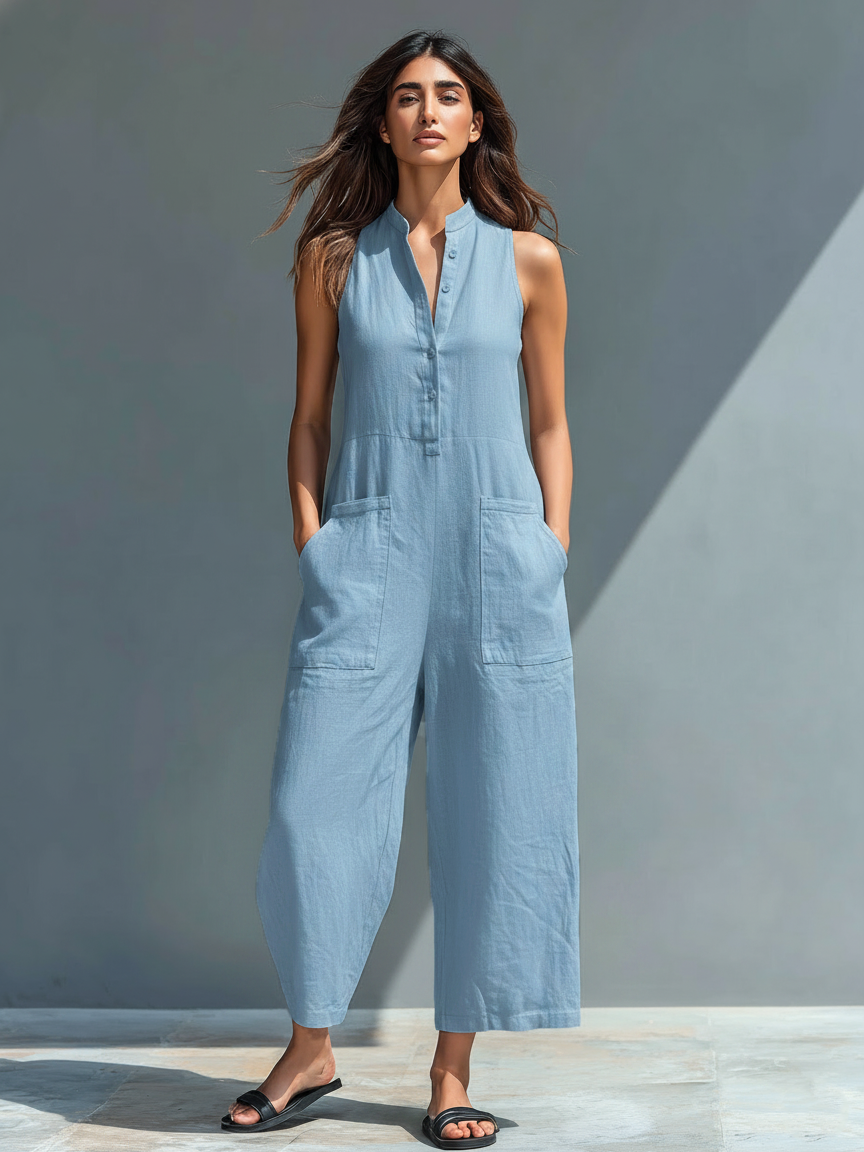 Women's minimalist linen jacket with buttons, stand-up collar, sleeveless, wide cut