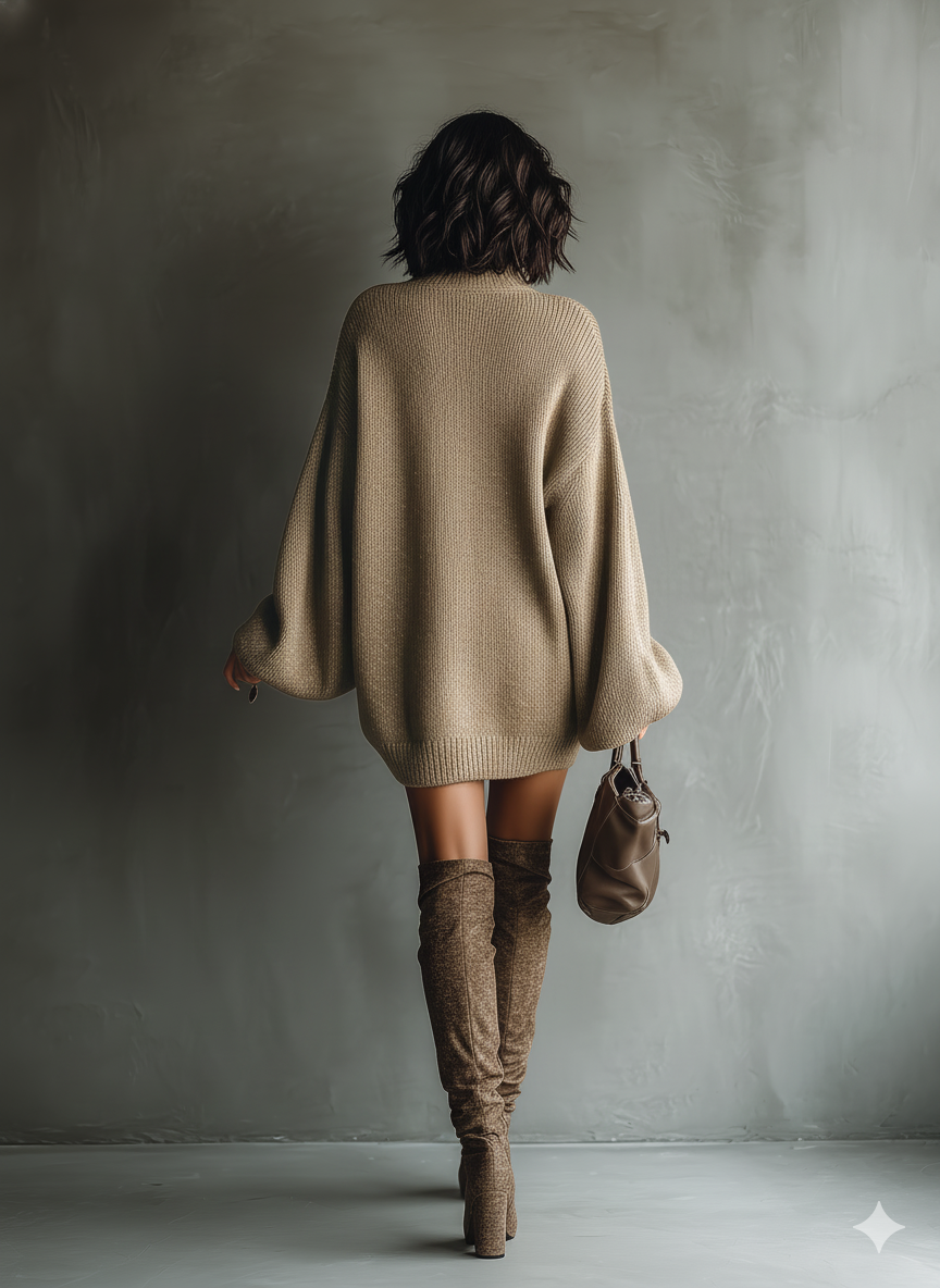 Women's vintage style knitted mini dress in caramel brown