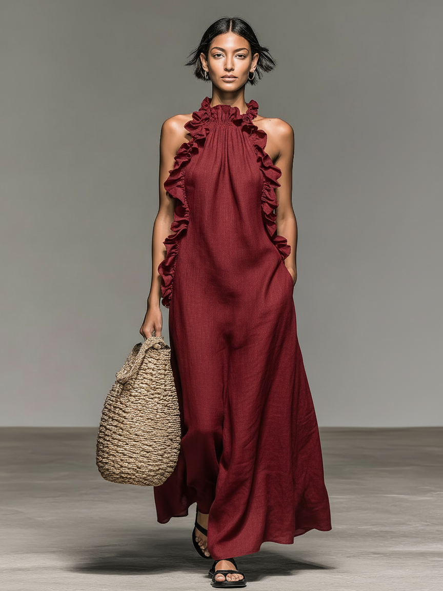 Minimalist sleeveless maxi linen dresses with ruffle details