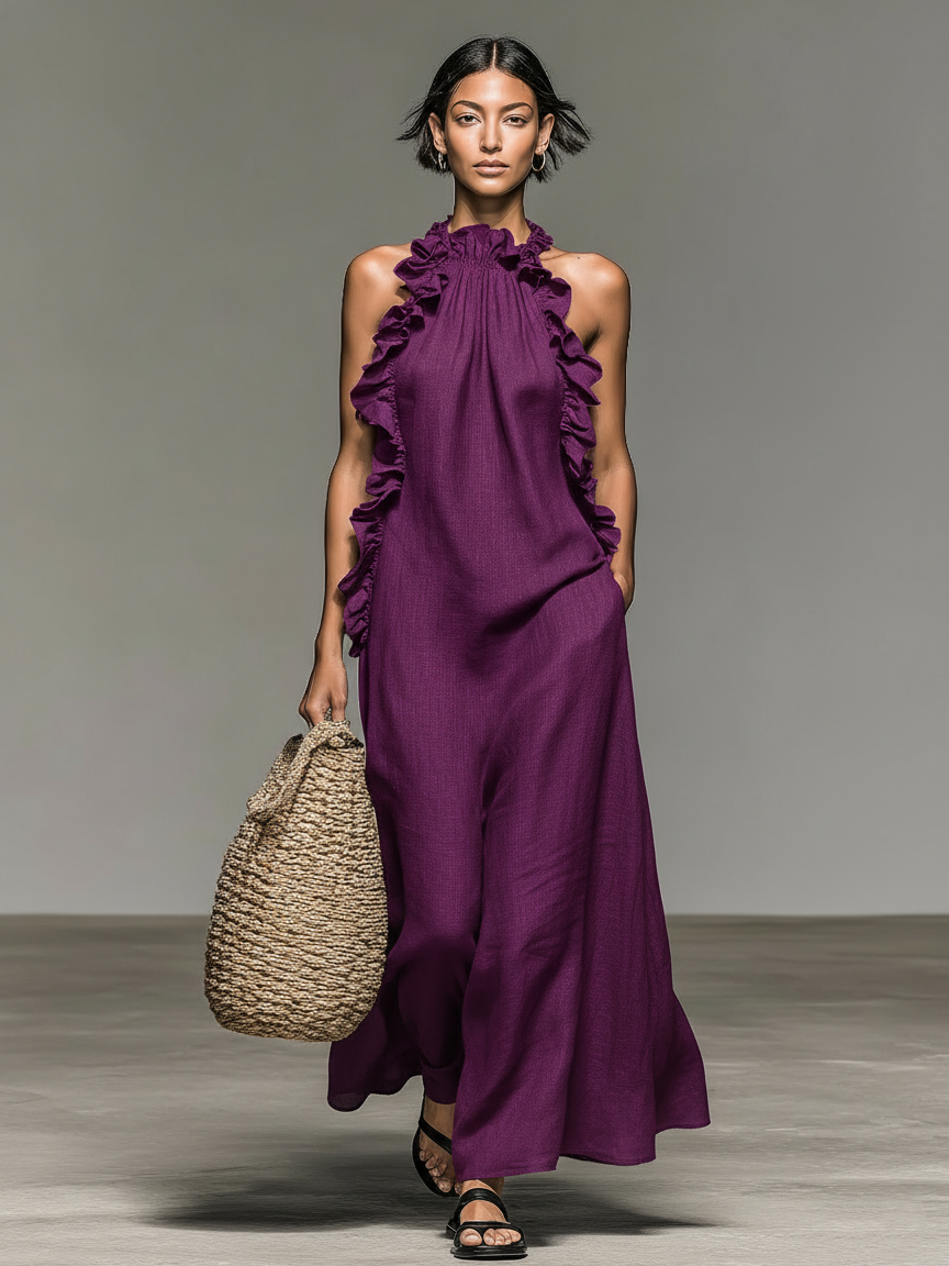 Minimalist sleeveless maxi linen dresses with ruffle details