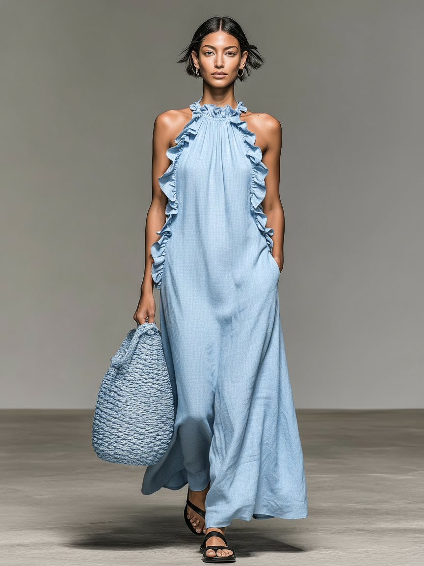 Minimalist sleeveless maxi linen dresses with ruffle details