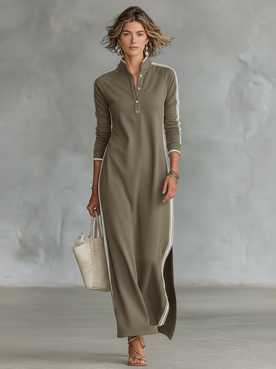 Women's maxi dresses with a minimalistic button-down collar and white trim