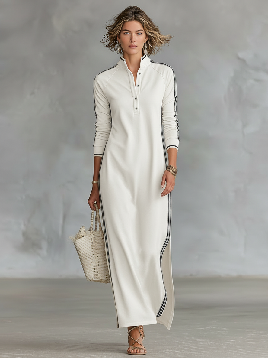 Women's maxi dresses with a minimalistic button-down collar and white trim