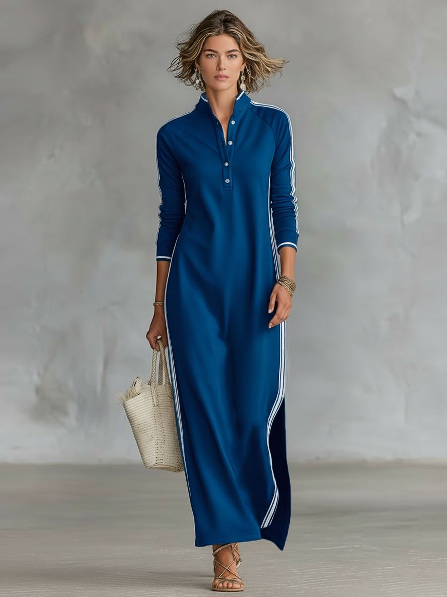 Women's maxi dresses with a minimalistic button-down collar and white trim
