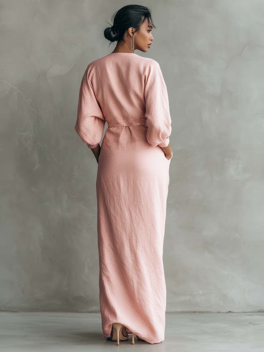 Women's minimalist pink maxi dress with V-neck