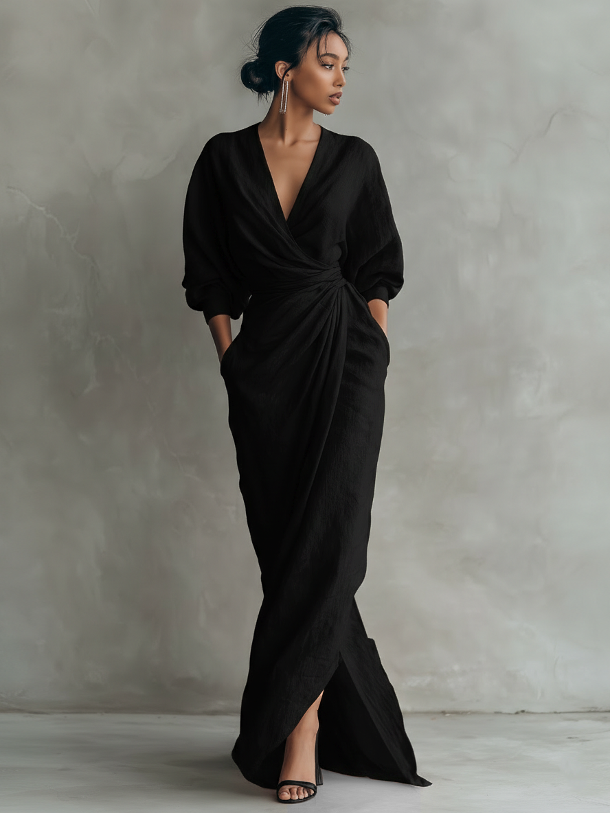 Women's minimalist pink maxi dress with V-neck