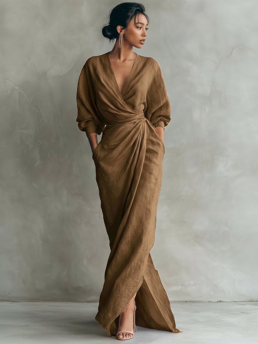 Women's minimalist pink maxi dress with V-neck
