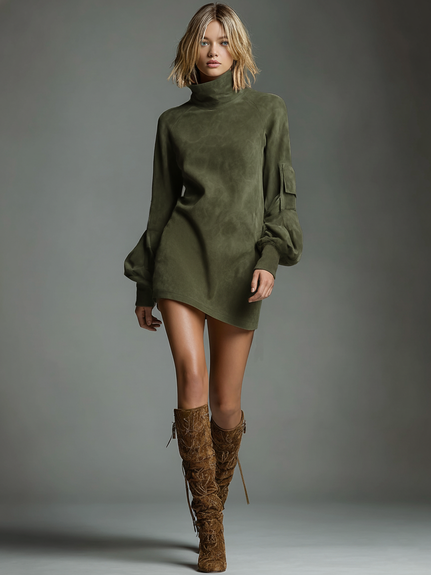 Women's Loose Knit Turtleneck Mini Dress