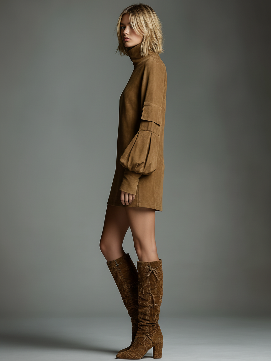 Women's Loose Knit Turtleneck Mini Dress