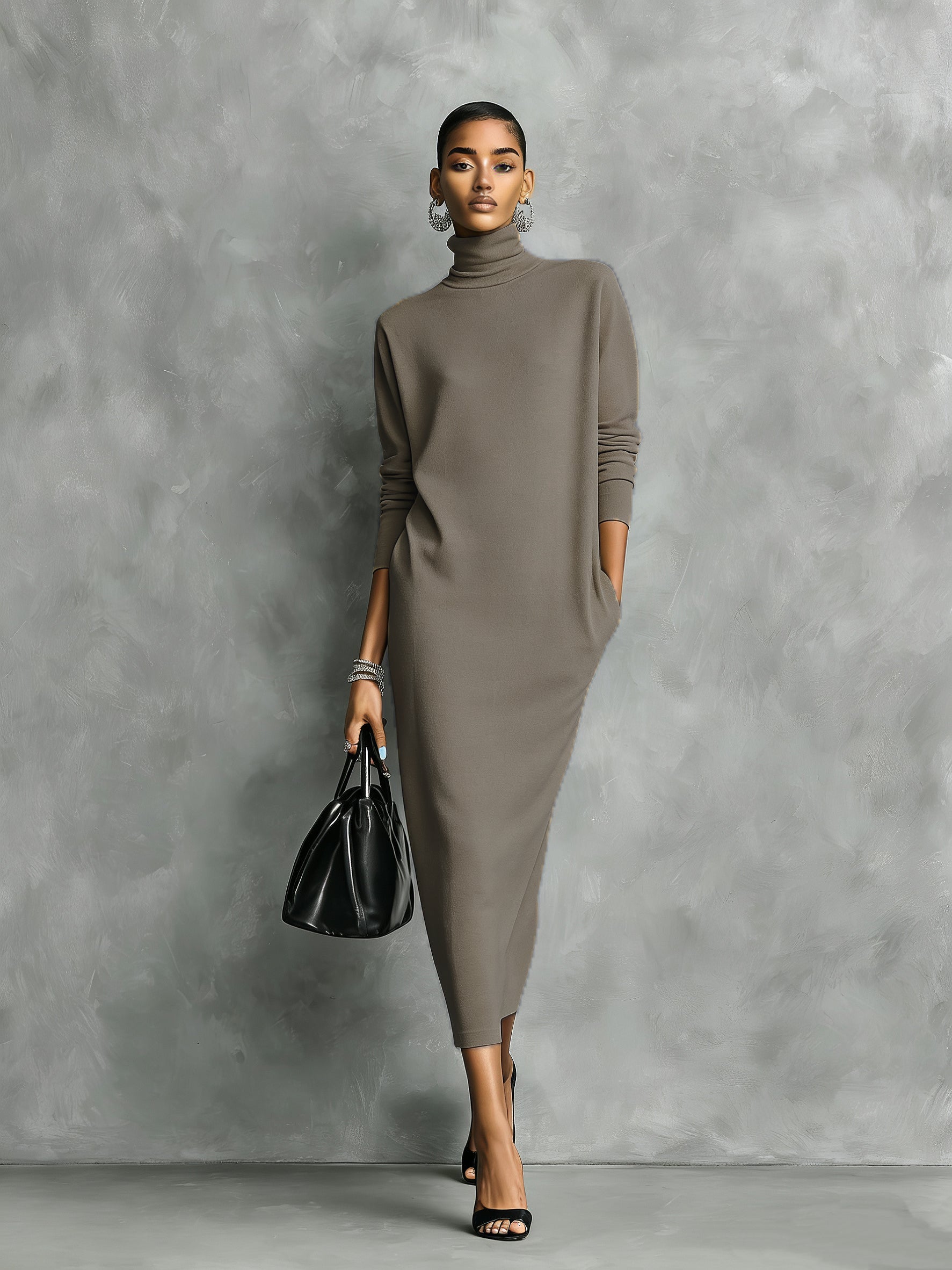 Elegant black midi dress with a high neck and long sleeves, soft fit, no pockets MDA1974L7AN