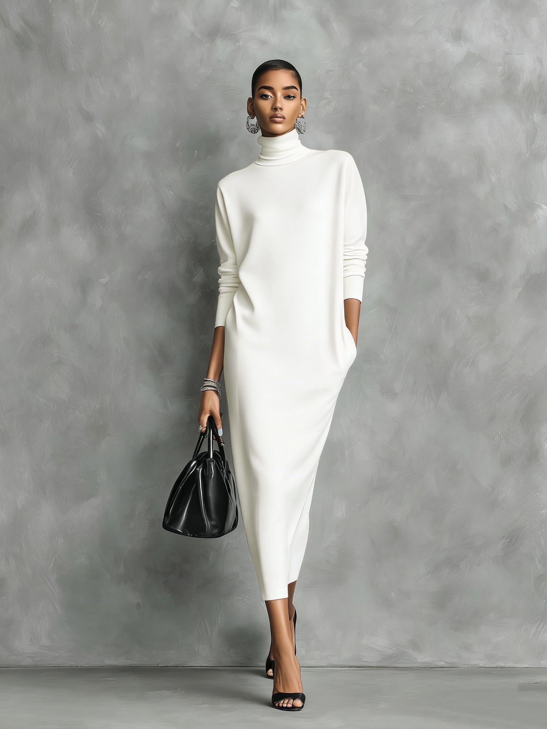 Elegant black midi dress with a high neck and long sleeves, soft fit, no pockets MDA1974L7AN