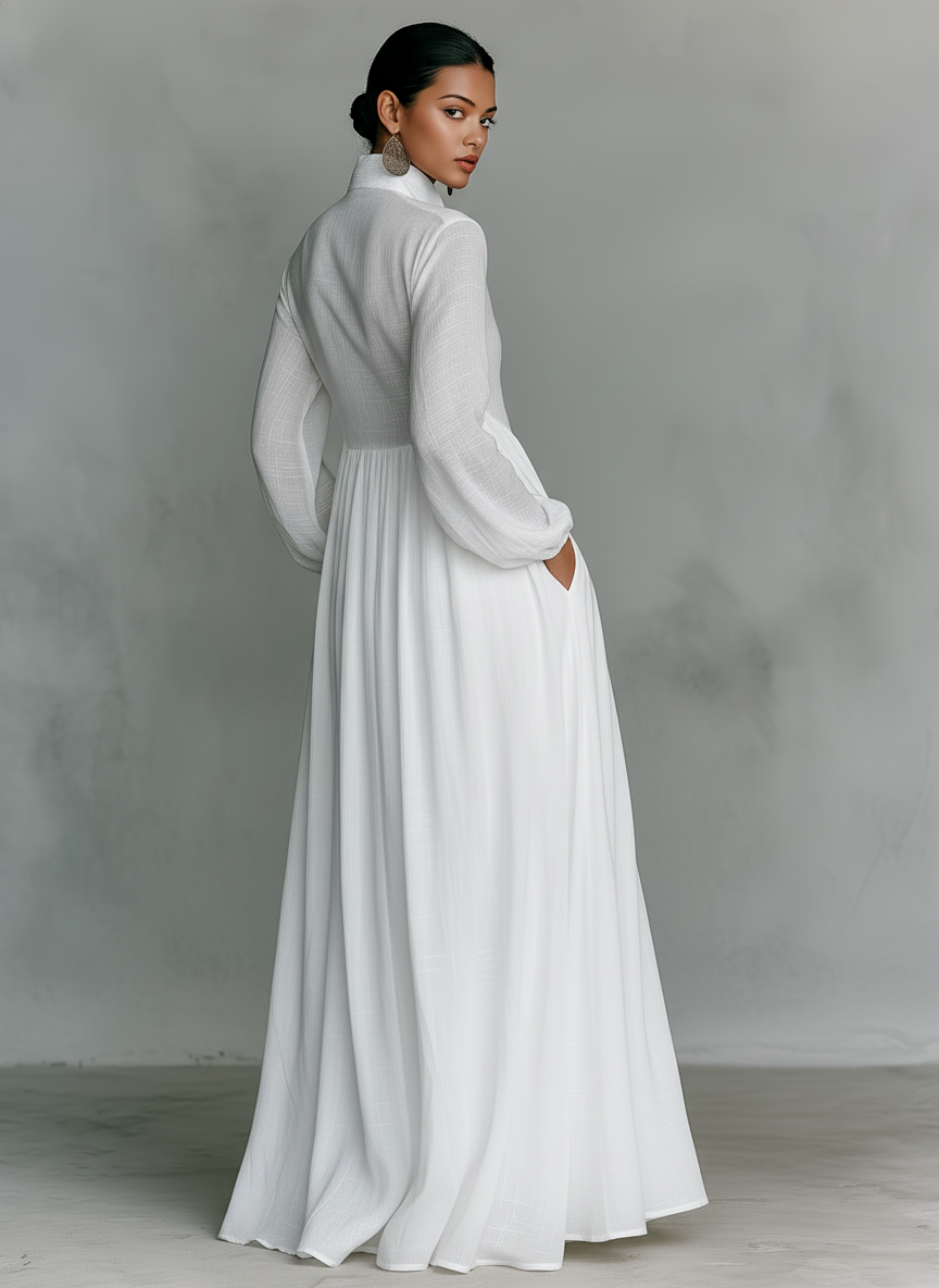 Women's maxi dress in a minimalist style, made of cotton and linen fabric with puzzle pieces, featuring a stand-up collar and long sleeves