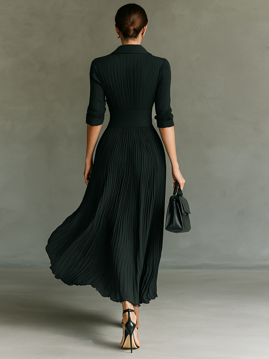 Women's maxi dresses with solid color, pleats, collar, long sleeve