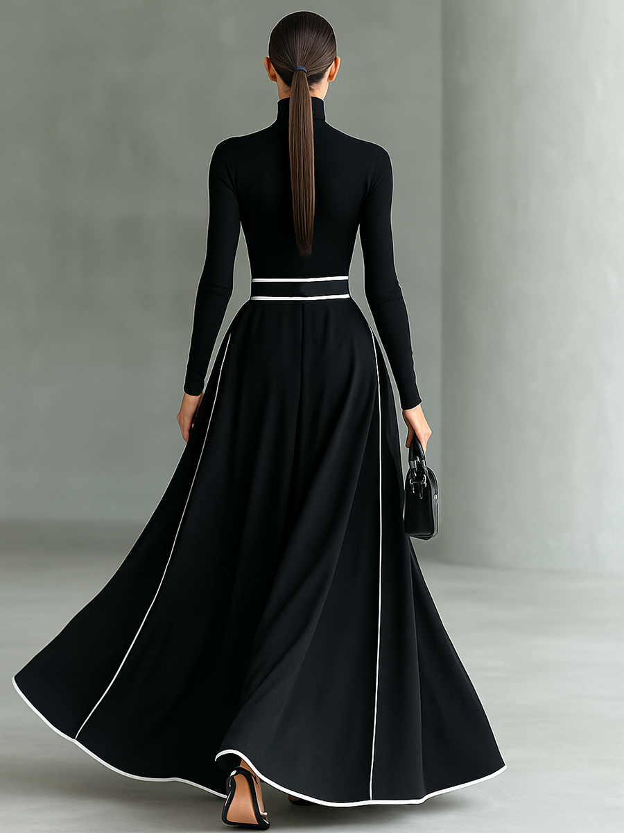Black maxi dress with white stitching, a high collar, long sleeves, and a narrow waist