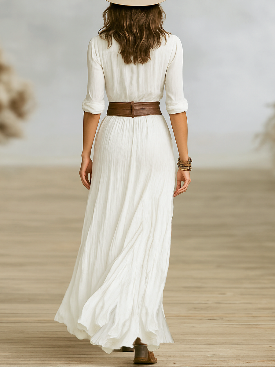 Women's long maxi dresses in cotton and linen blend fabric with a turn-down collar