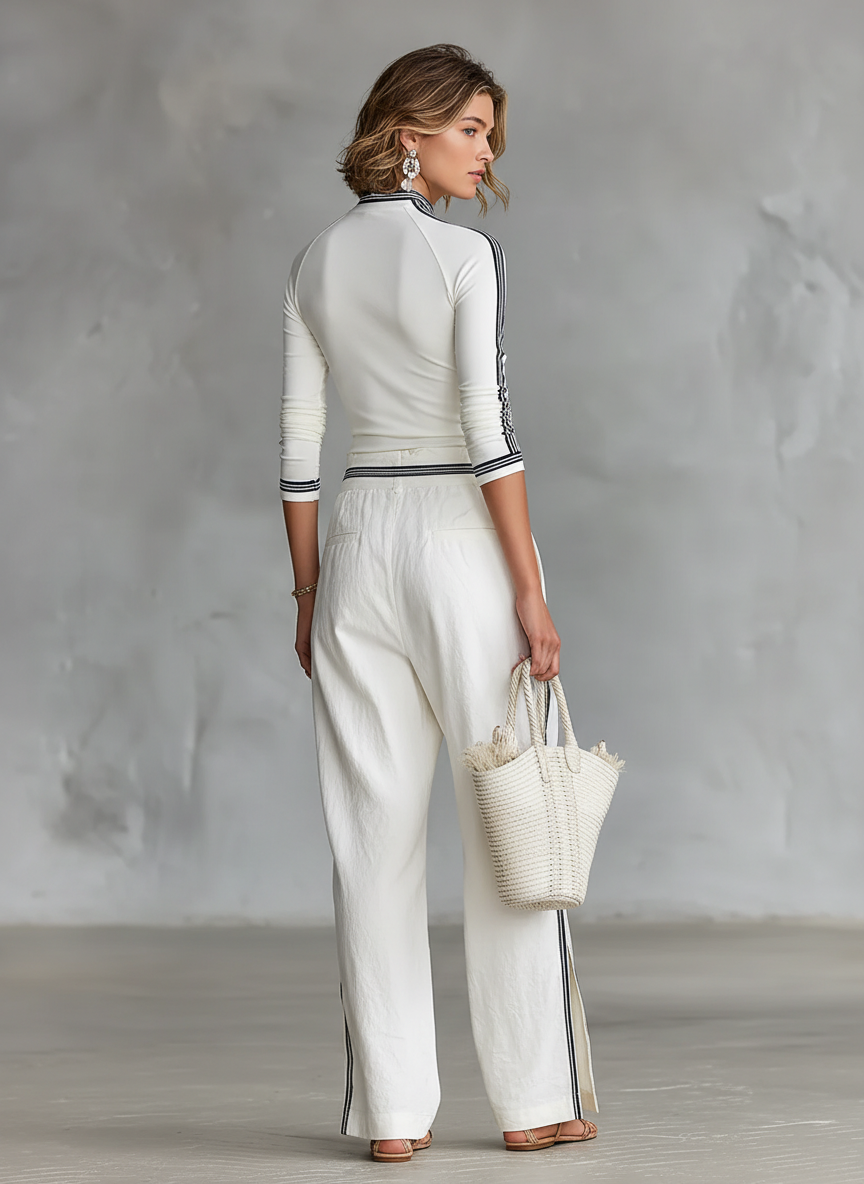 Long-sleeved mock neck top and wide-leg drawstring pants - Two-piece set