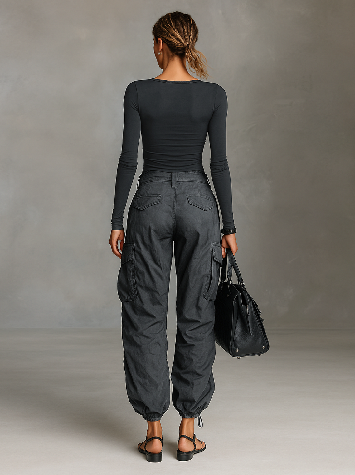 Two-piece set with a long-sleeved, square-neck T-shirt and multi-pocket cargo pants