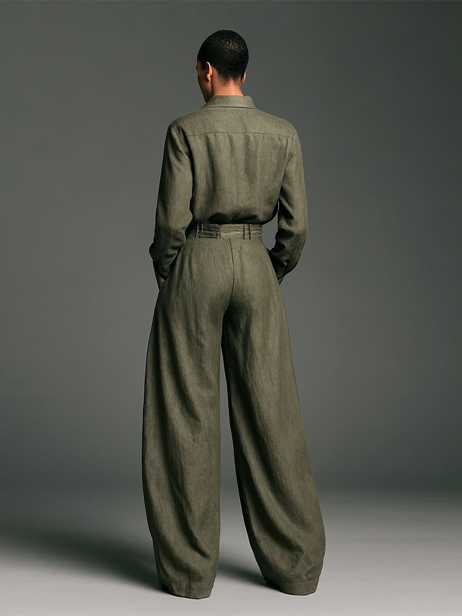 Women's cotton and linen two-piece set with a long shirt and wide-leg pants