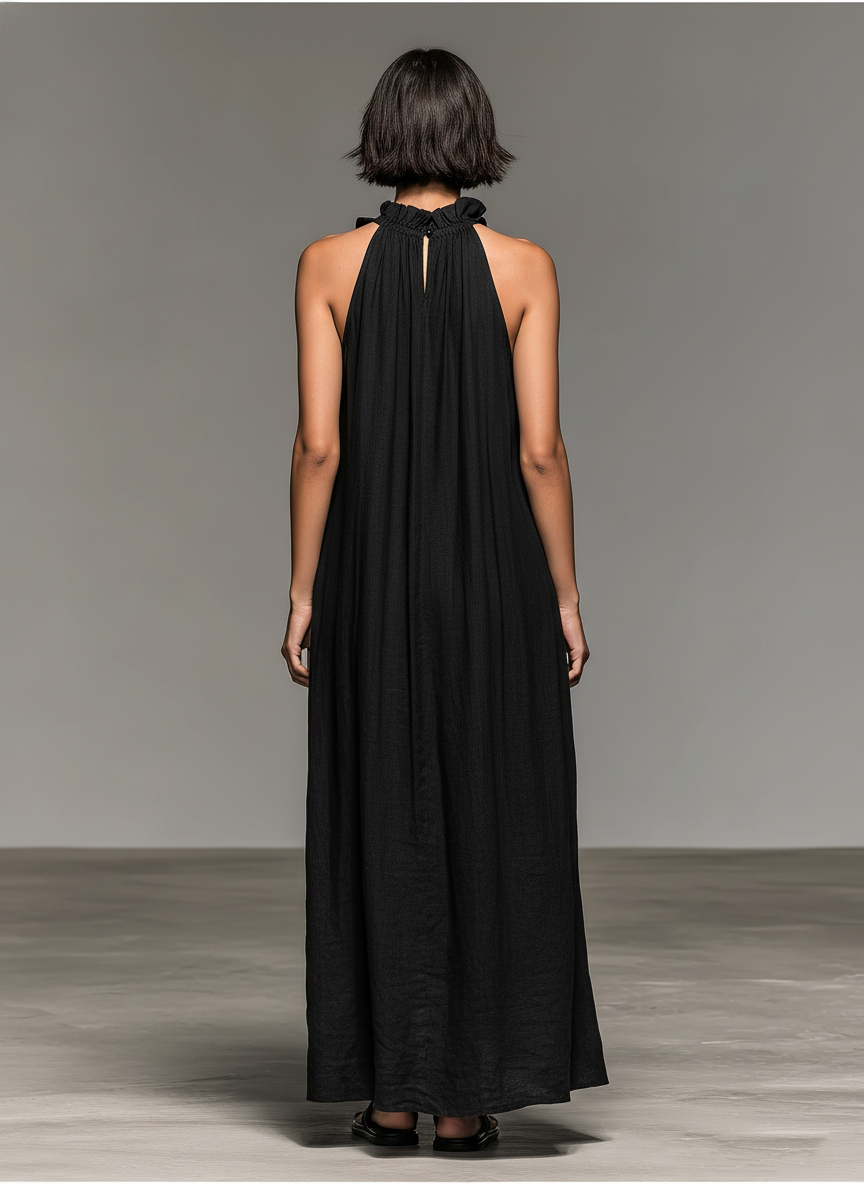 Minimalist sleeveless maxi linen dresses with ruffle details