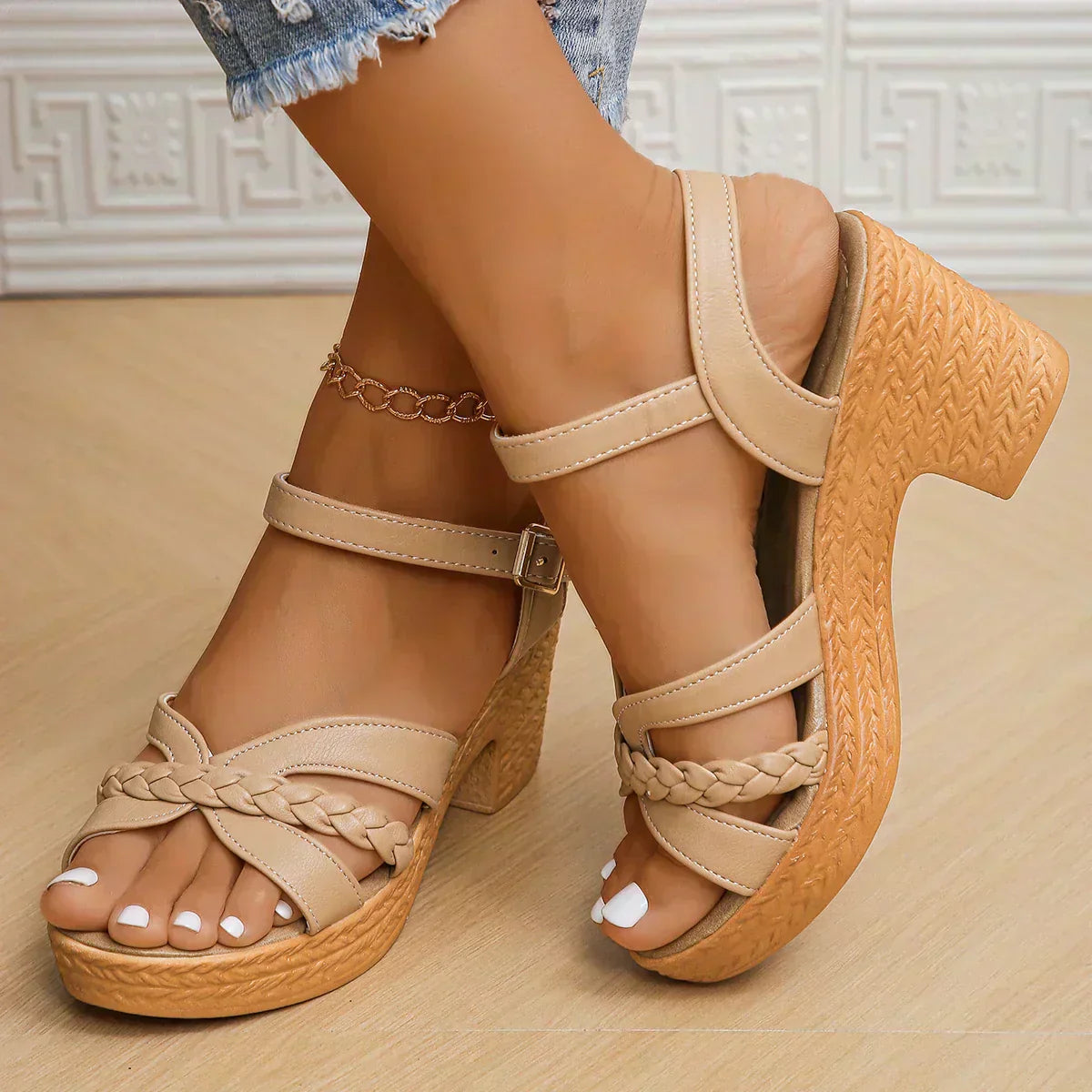 Woven high-heeled sandals