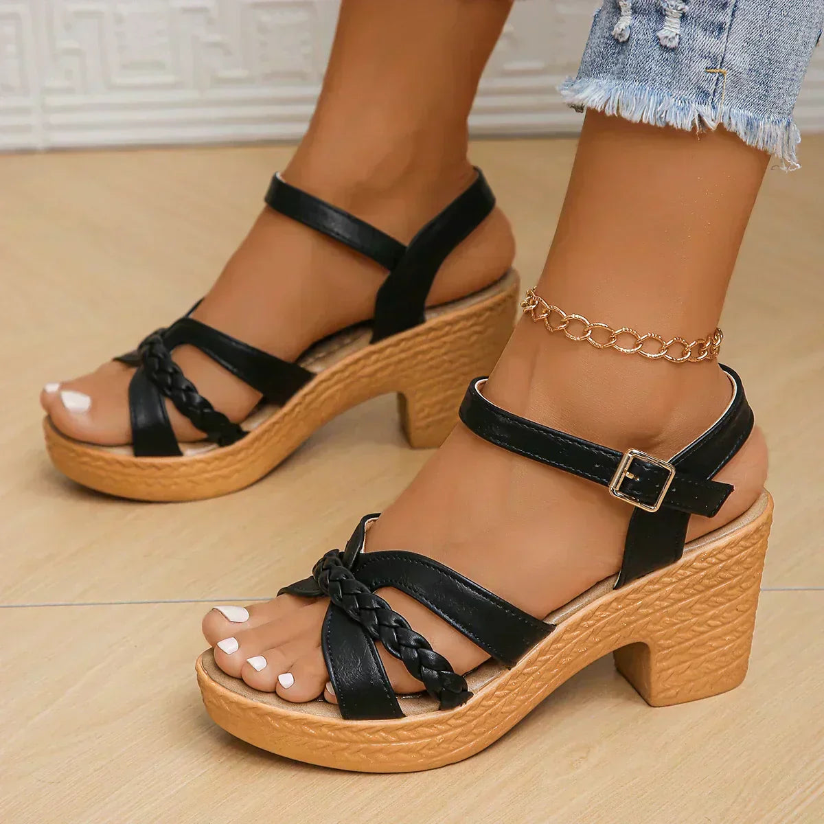 Woven high-heeled sandals