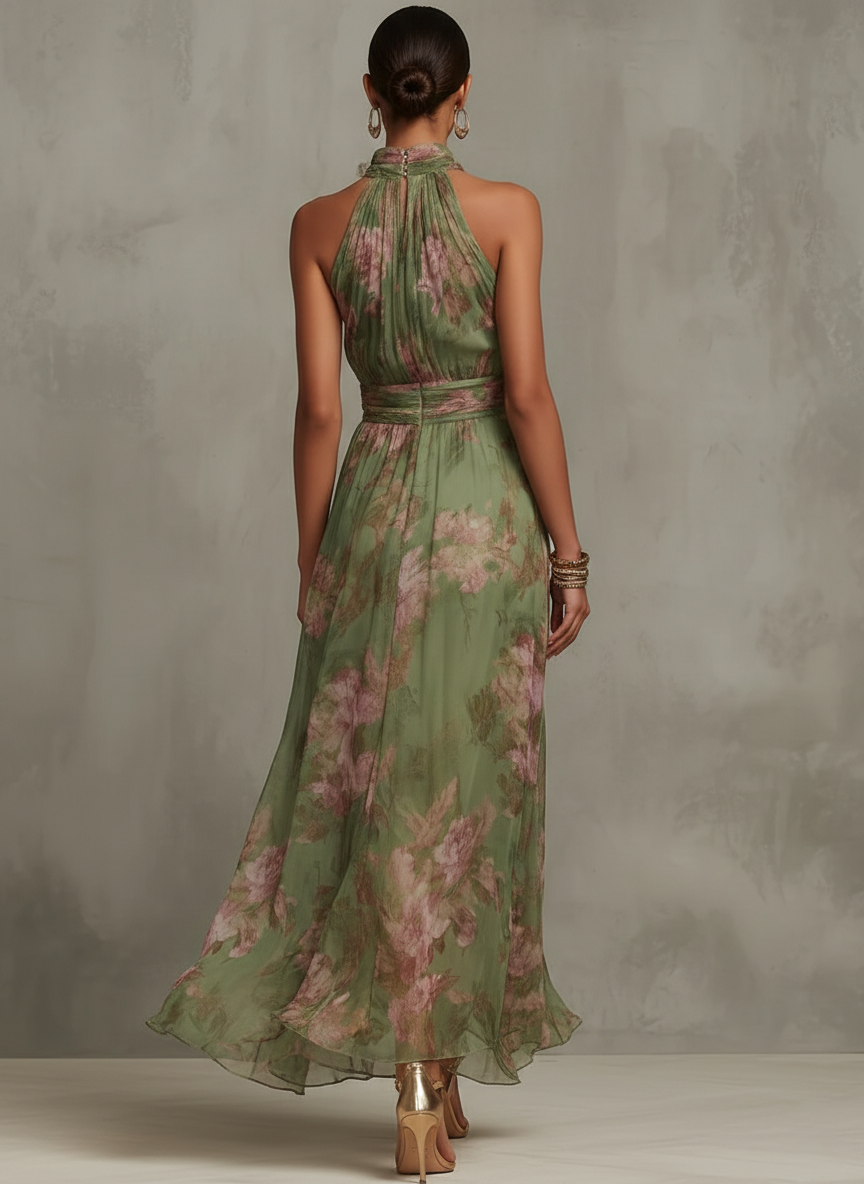 Serena ∙ Green maxi dress with silk flowers and a halter neck