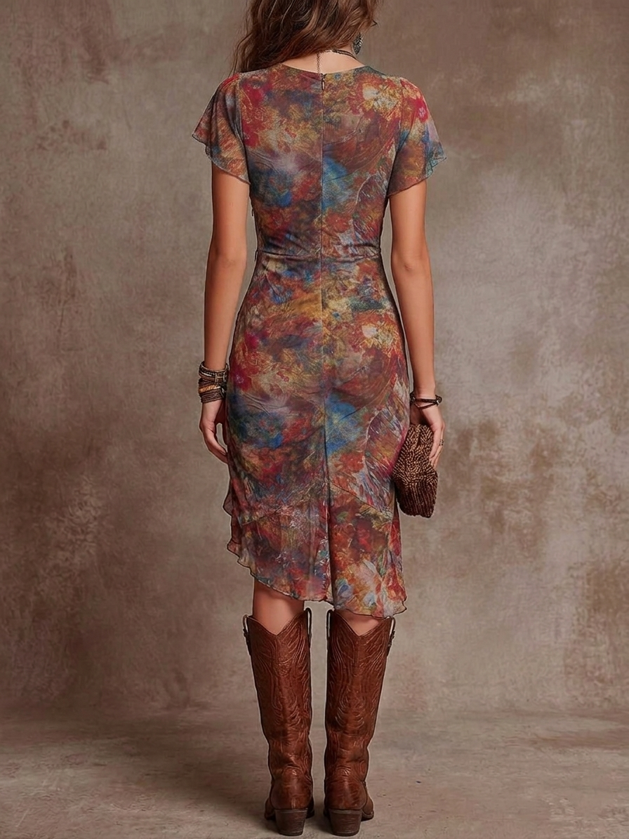 Martina - Pleated midi dress with V-neck, with artistic abstract bohemian print