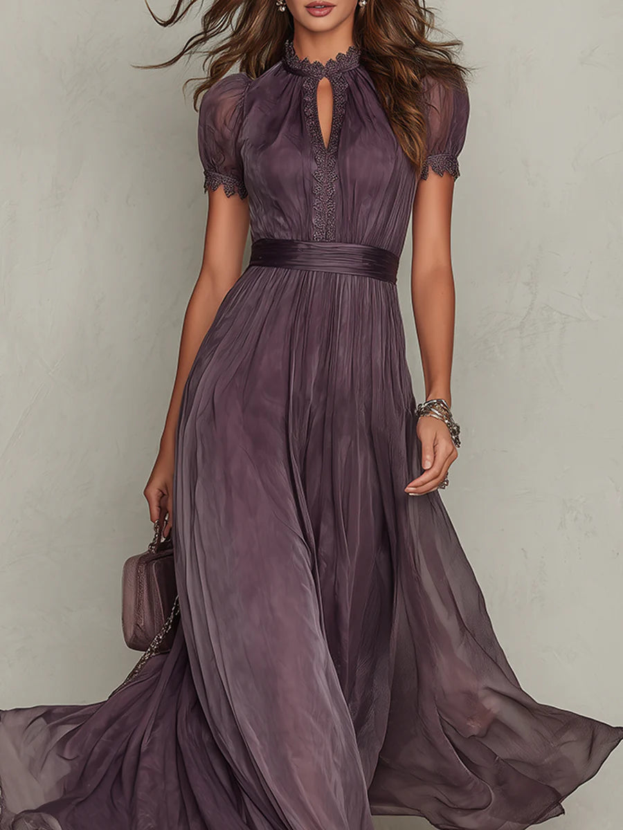 Flavia - Purple long dress with a teardrop cut-out and silk lace trim