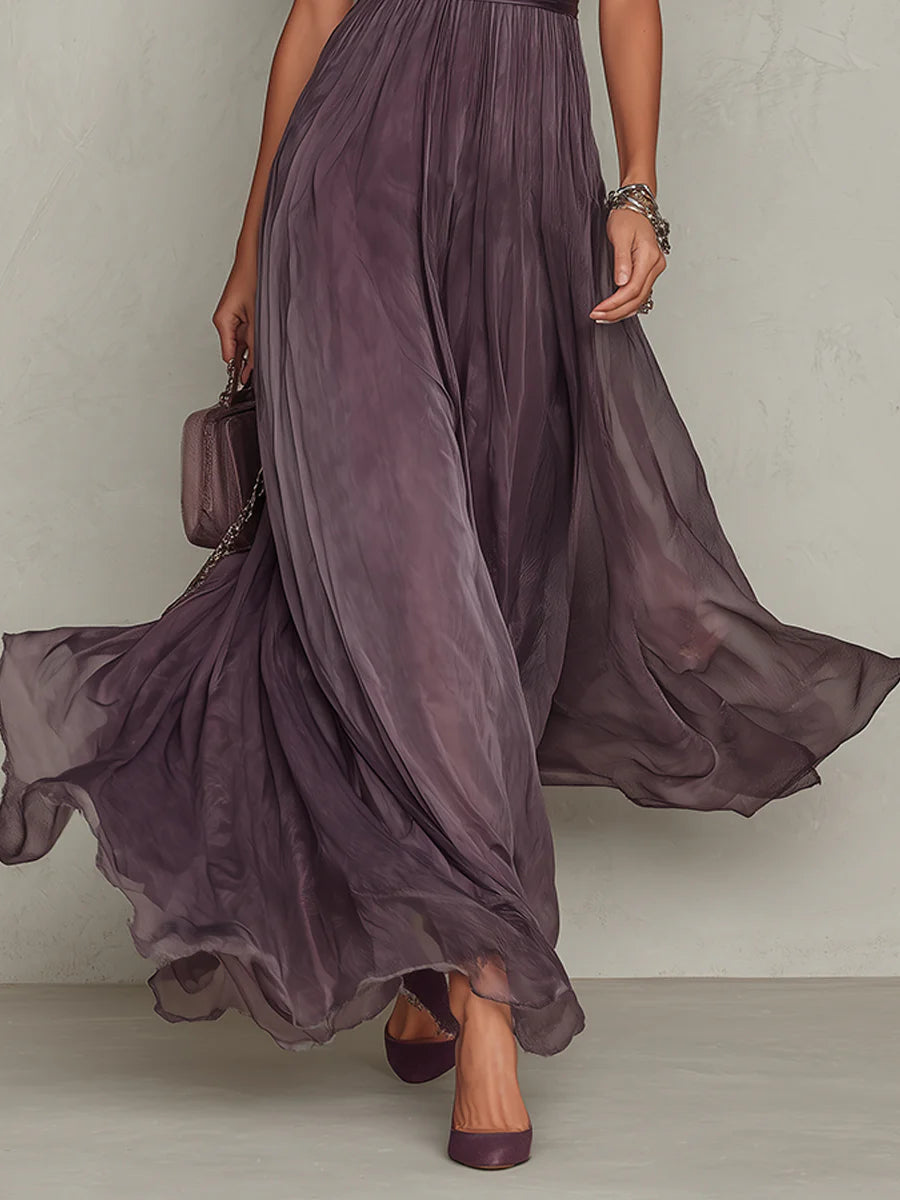 Flavia - Purple long dress with a teardrop cut-out and silk lace trim