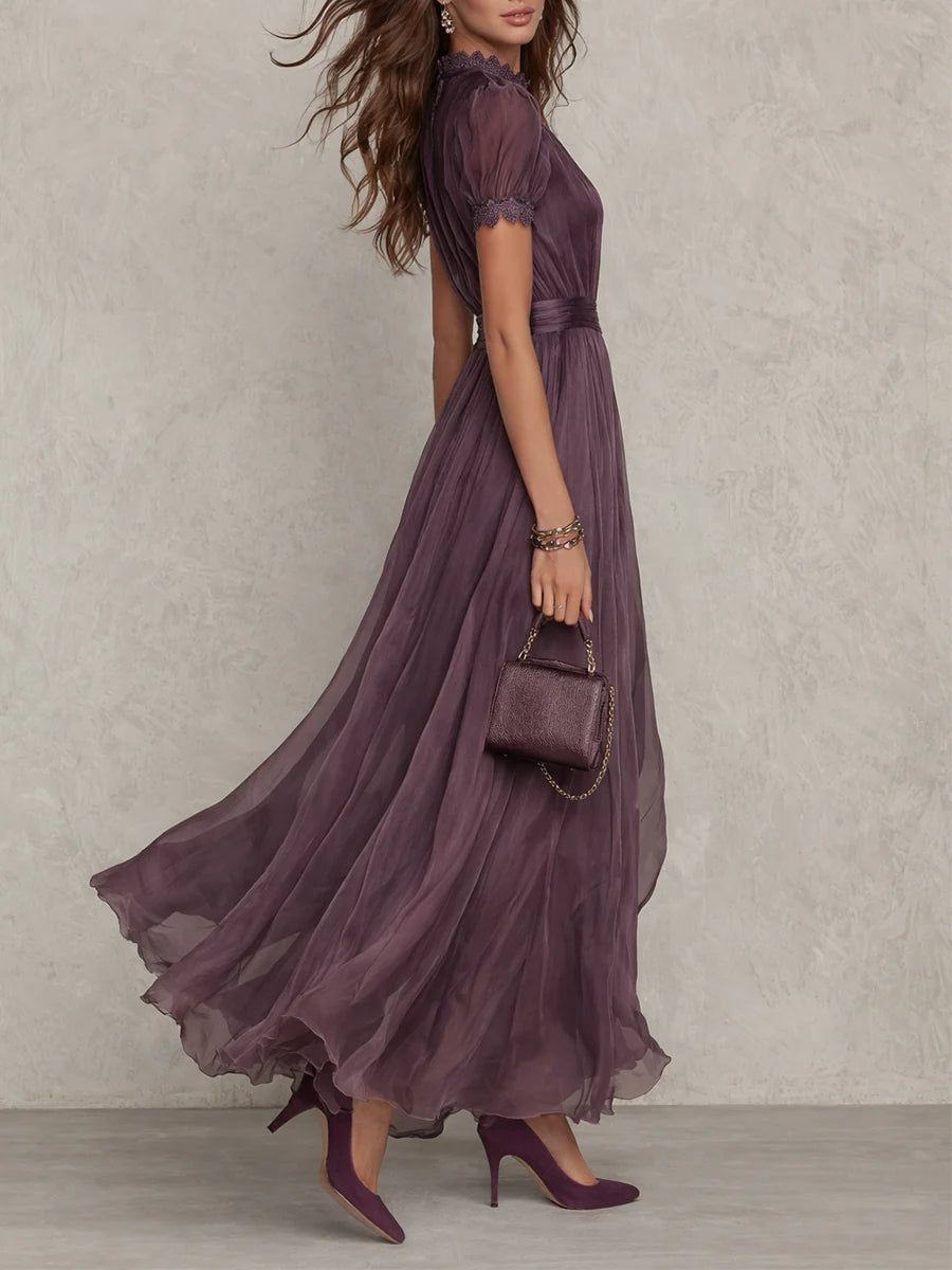 Flavia - Purple long dress with a teardrop cut-out and silk lace trim